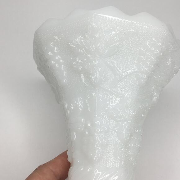Vintage MILK GLASS Vase Footed Octagon Flared Top Raised Grapevine Pattern - Picture 2 of 10